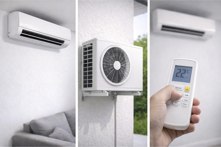 Klimatyzacja - jednostka wewnętrzna i zewnętrzna klimatyzatora oraz sterowanie temperaturą pilotem