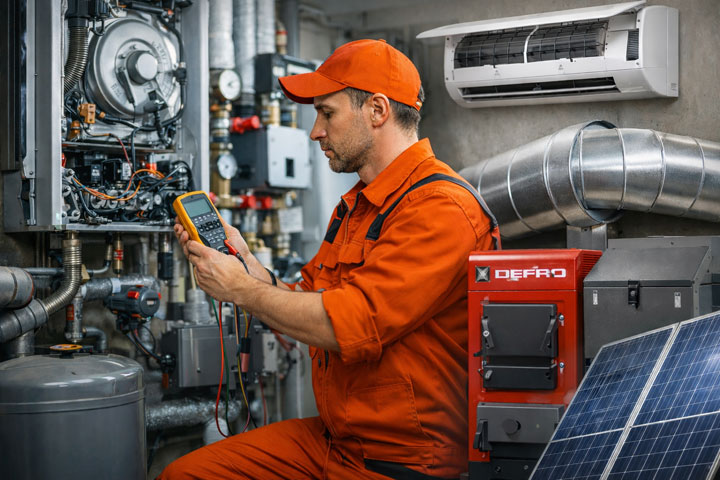 Serwis urządzeń grzewczych, klimatyzacji i wentylacji – technik serwisowy przy kotle i instalacji technicznej w kotłowni