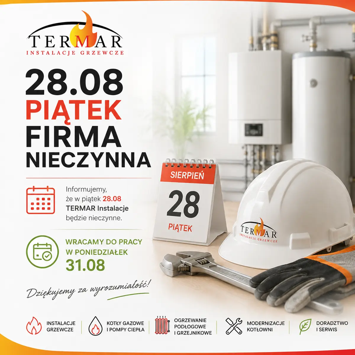 Informacja - 28.08.2026 - Firma TERMAR Instalacje będzie zamknięta